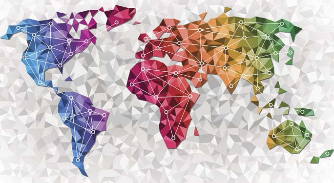 Carte du monde stylisée et multicolore où l'on aperçoit tous les continents traversés d'une série de points et de liens entre eux pour représenter un vaste réseau.