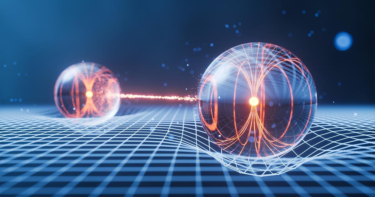 Advanced visualization of quantum particles interacting through energy fields, showcasing cutting-edge technology concepts.