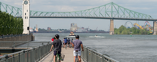 People on bikes on a footbridge along the river with the Jacques-Cartier bridge in the distance.