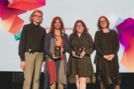 De gauche à droite : Sandrine Quéré, Faten Kikano, la professeure Annie Levasseur et la doyenne de la recherche par intérim Catherine Laporte.