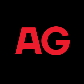 Logo AG rouge sur fond noir, style épuré et moderne.