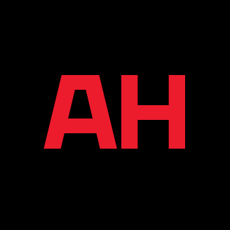 Logo AH rouge sur fond noir, style épuré et moderne.