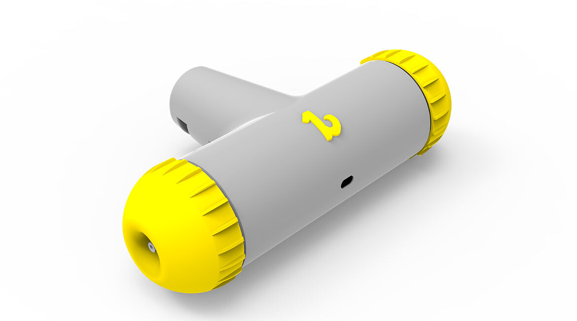 Design moderne d'un dispositif technologique avec roues jaunes et corps gris.