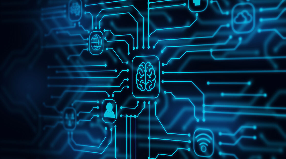 Circuit imprimé numérique avec icône de cerveau, symbolisant l'intelligence artificielle.