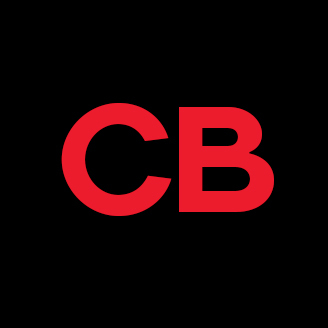 Logo CB rouge sur fond noir.