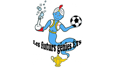 Logo coloré avec un personnage polyvalent, tenant une fiole et un ballon de foot, sur un trophée, sous le titre "Les futurs génies ETS".