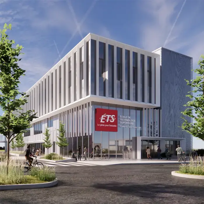 Rendu 3D du futur Pavillon de l'École de technologie supérieure (ÉTS), un bâtiment moderne à façade vitrée et revêtement blanc, entouré d'arbres et animé de piétons et cyclistes par temps ensoleillé.