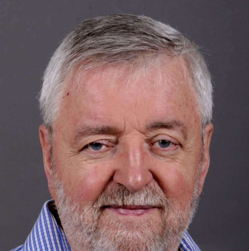 Un homme souriant, aux cheveux grisonnants et à la barbe légère, portant une chemise à rayures, dégage une impression de sagesse.