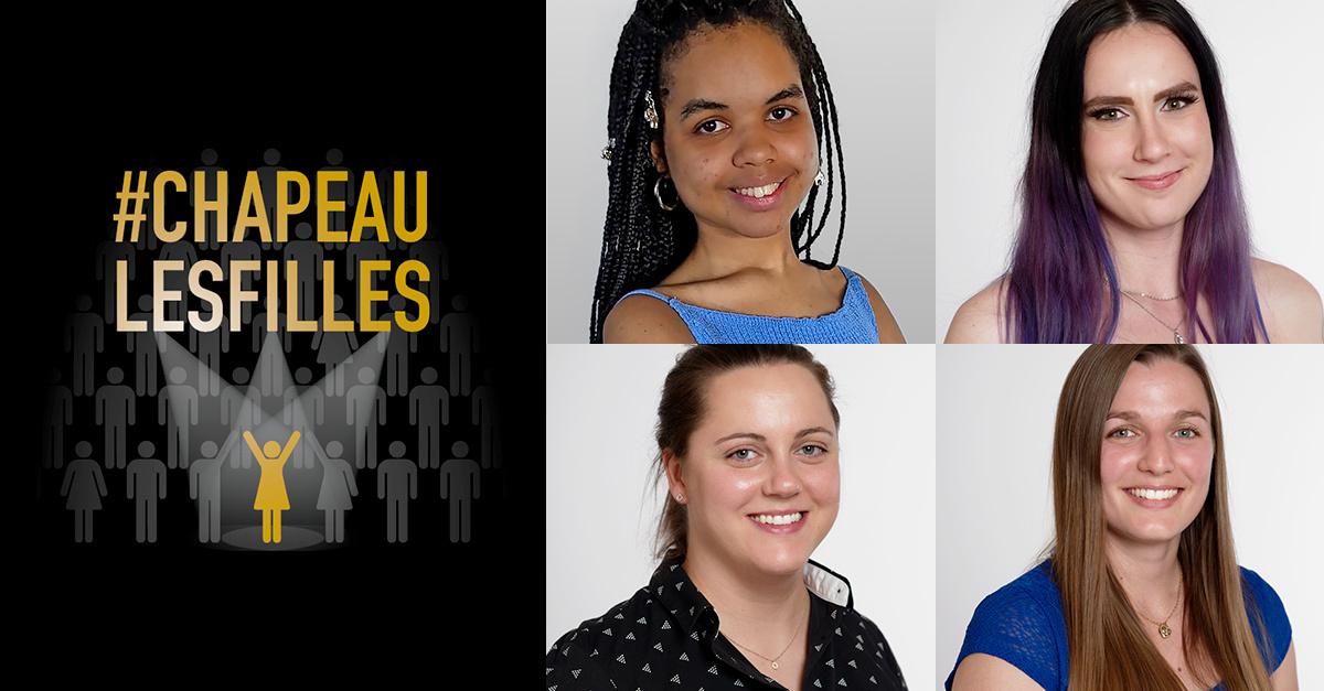 Campagne encouragement des femmes en technologie avec le slogan "#CHAPEAU LESFILLES" et quatre portraits féminins.
