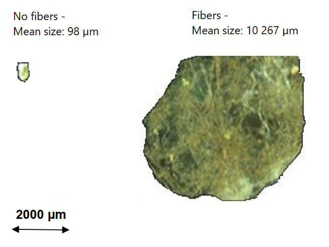 Microscopic comparison of materials with and without fibers, showing significant size difference.