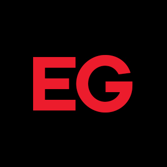 Logo "EG" rouge sur fond noir, style épuré et moderne.