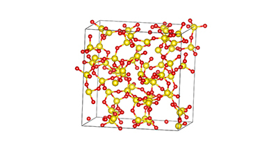 Structure moléculaire 3D avec atomes jaunes et rouges liés par des lignes.