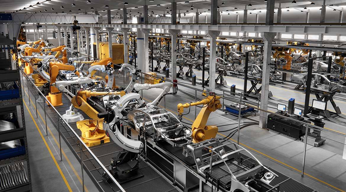 Atelier robotisé moderne pour la production automobile.