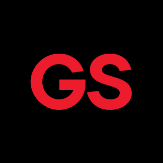 Logo rouge "GS" sur fond noir, design épuré et contemporain.