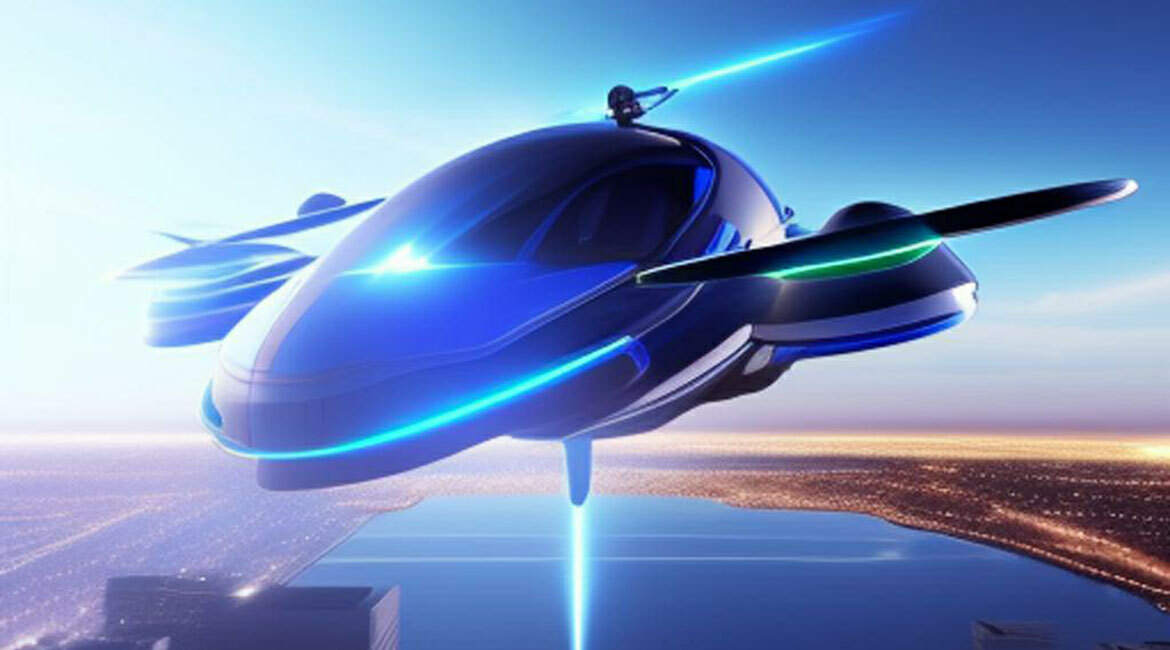 Un véhicule aérien futuriste avec des lignes élégantes survole la ville au crépuscule.