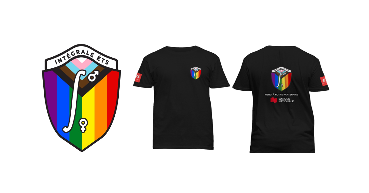 T-shirt de l'ÉTS avec logo coloré et clés, remerciement partenaire à l'arrière.