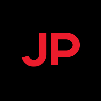 Logo JP rouge sur fond noir, style épuré et moderne.