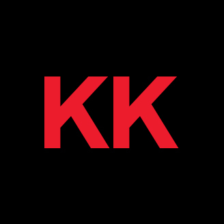 Logo rouge sur fond noir avec lettres "KK" entrelacées pour une identité visuelle moderne et audacieuse.