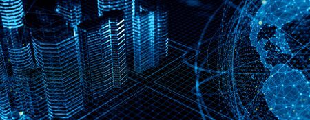 A futuristic cityscape with glowing blue lines, representing advanced technology and digital architecture.