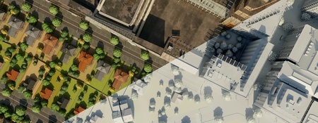Aerial view showcasing contrasting urban and rural designs, highlighting sustainable architecture and planning strategies.