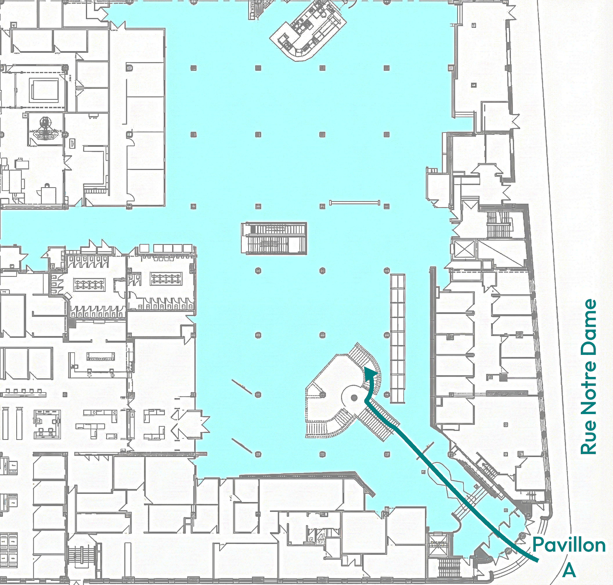 From the main entrance of Pavilion A, located at the corner of Peel and Notre‑Dame Streets, take the large central staircase and go up one floor. At the top of the stairs, turn right.