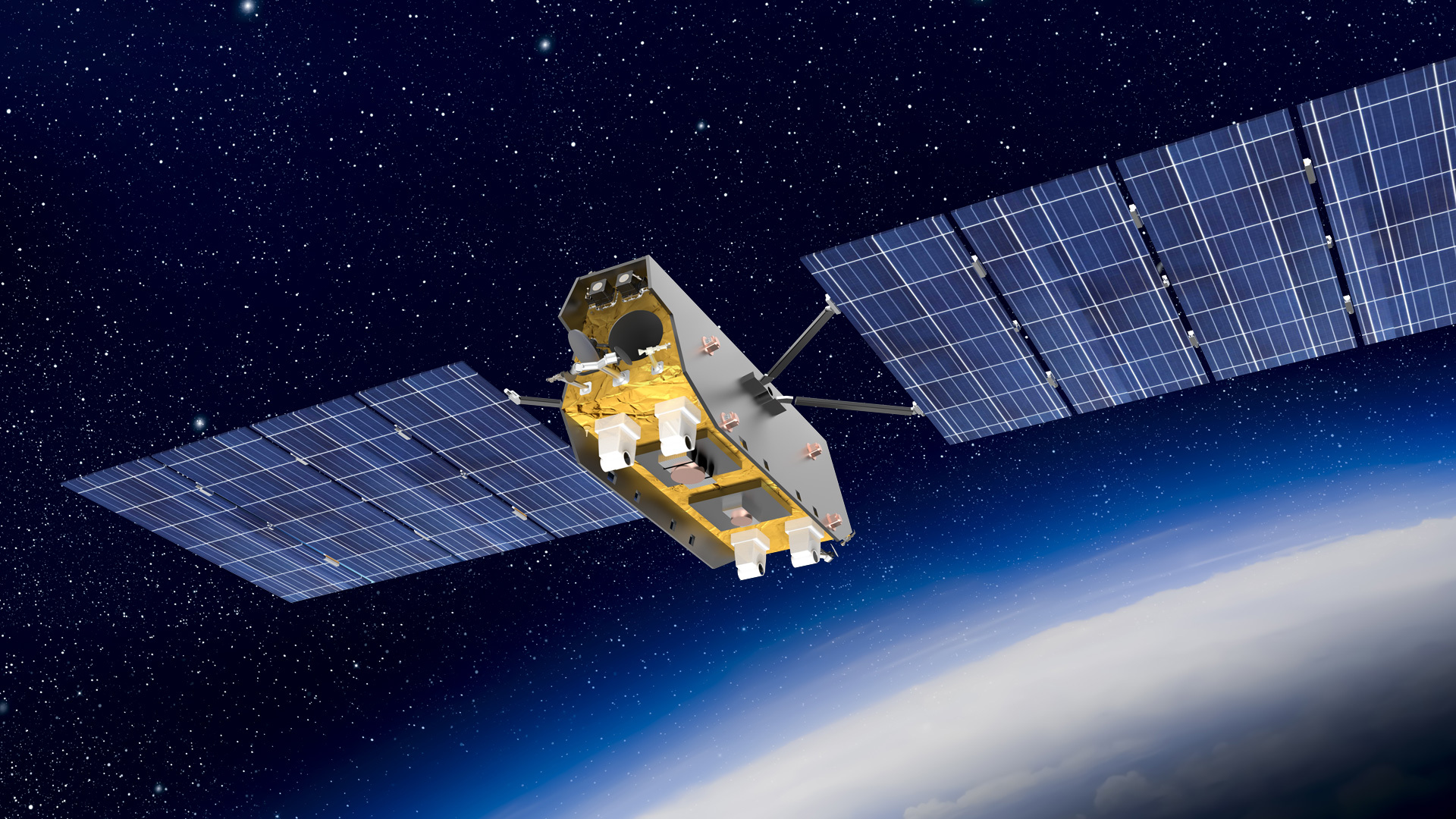 Exploration spatiale et technologie avec un satellite équipé de panneaux solaires.
