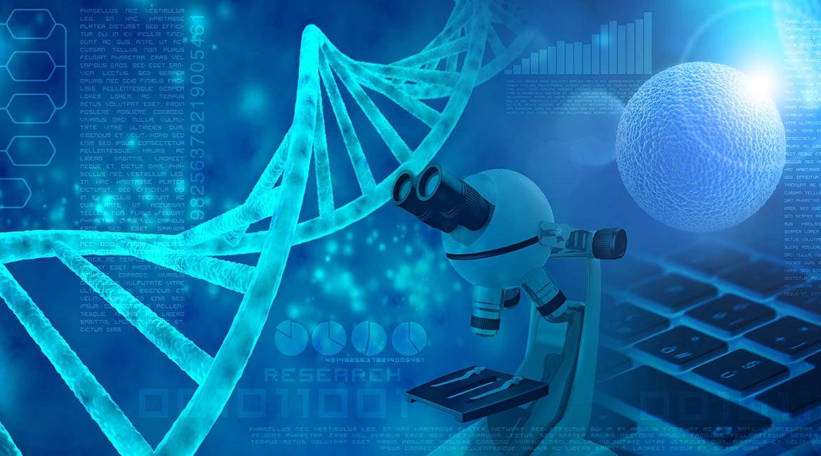 Recherche en biotechnologie, avec ADN, microscope, données et innovation.
