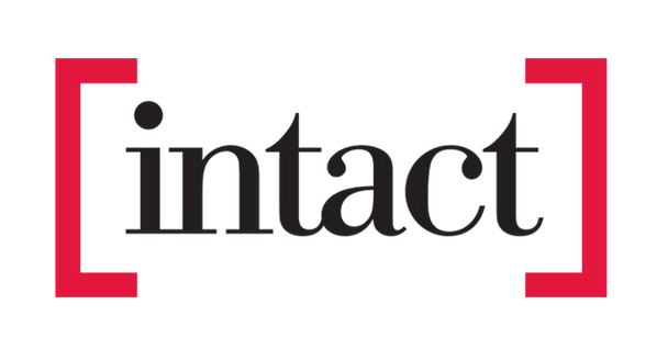 Logo d'Intact avec cadre rouge et fond noir.