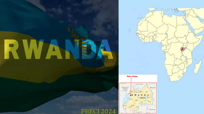 Un drapeau du Rwanda, flottant sous un ciel nuageux, accompagné de localisations géographiques du pays.