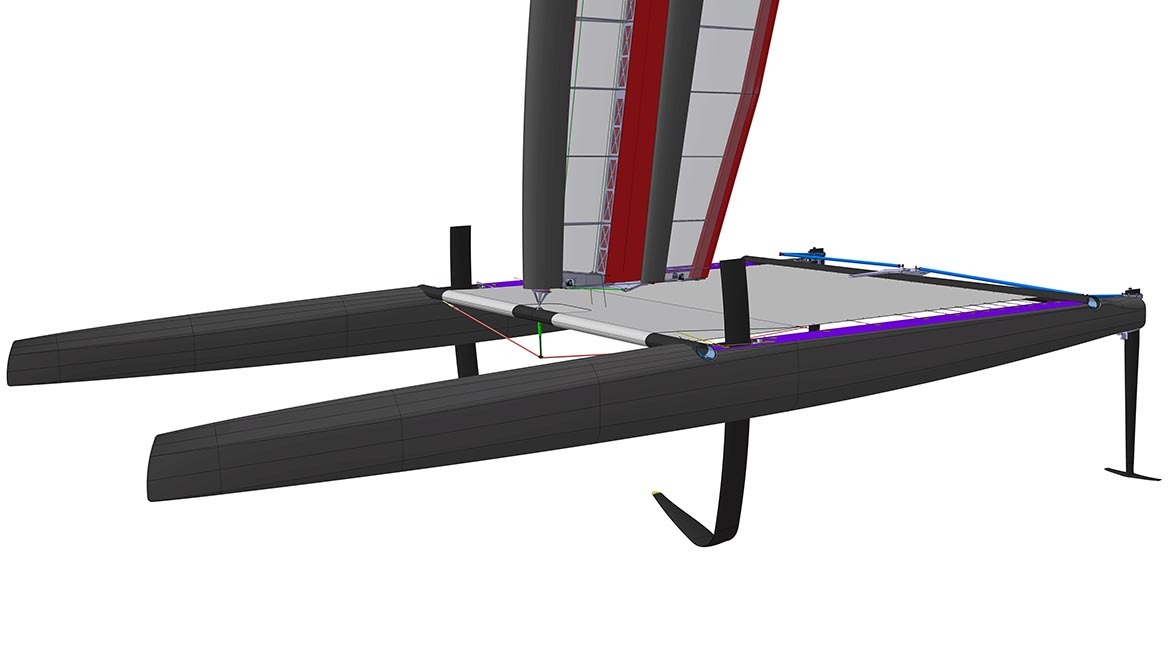 Modélisation 3D d'un catamaran moderne avec des coques allongées et une voile rigide.
