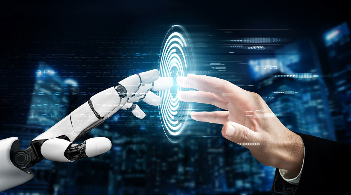 Human and robot hand interaction, symbolizing advanced technology and AI.