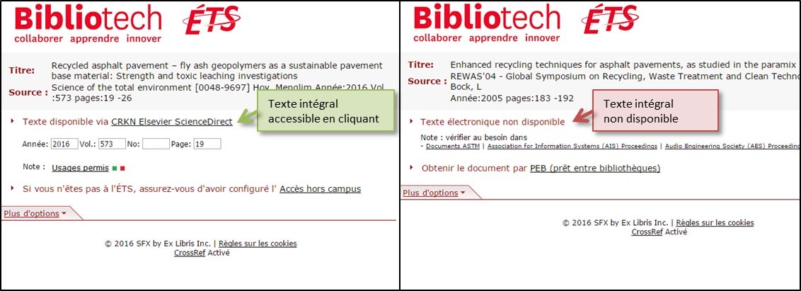 Interface de recherche Bibliotech de l'ÉTS avec articles sur l'asphalte recyclé.