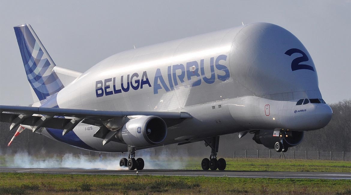 Airbus Beluga au décollage, transport de composants aéronautiques.