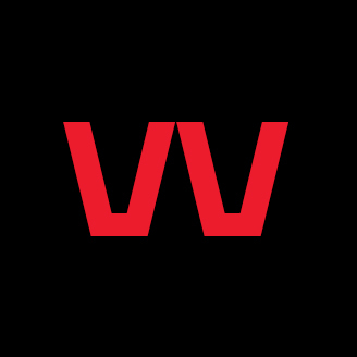 Logo rouge en forme de double "V" sur fond noir, symbolisant dynamisme et innovation technologique.