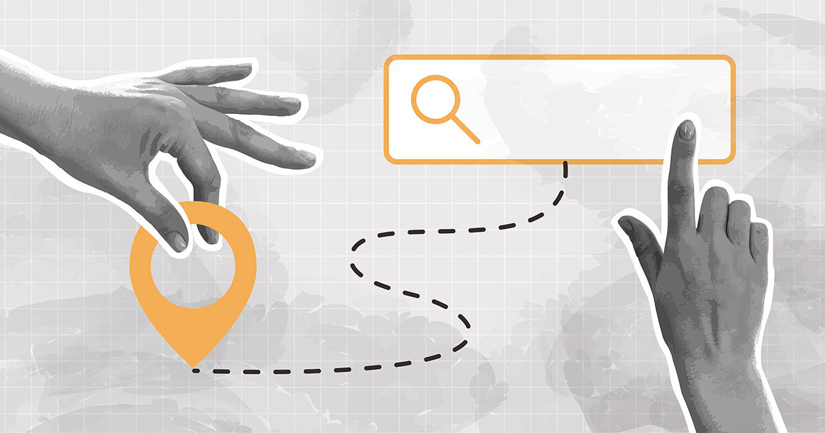 A visual representation of navigation, combining a location pin and search functionality to enhance user interaction.