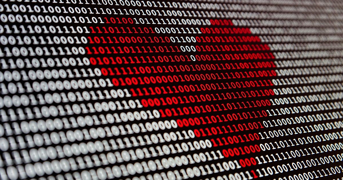 Des chiffres binaires s'entrelacent pour former un cœur, fusionnant technologie et émotion dans un univers numérique.