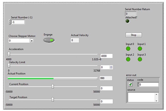 Interface de contrôle moteur pas-à-pas avec réglages de vitesse et position.