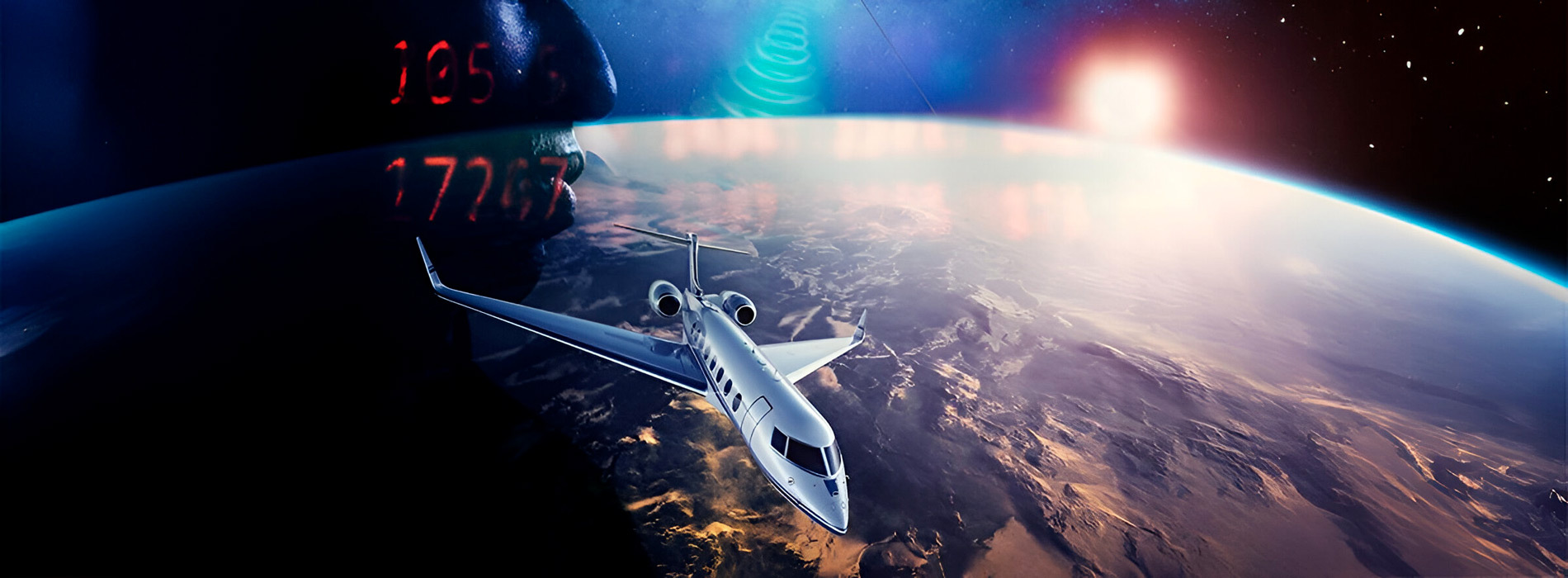 A modern aircraft soaring above Earth, blending technology and innovation against a cosmic backdrop.