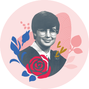 Portrait d'une diplômée au sourire engageant, entourée de motifs floraux et colorés, symbolisant réussite et créativité.