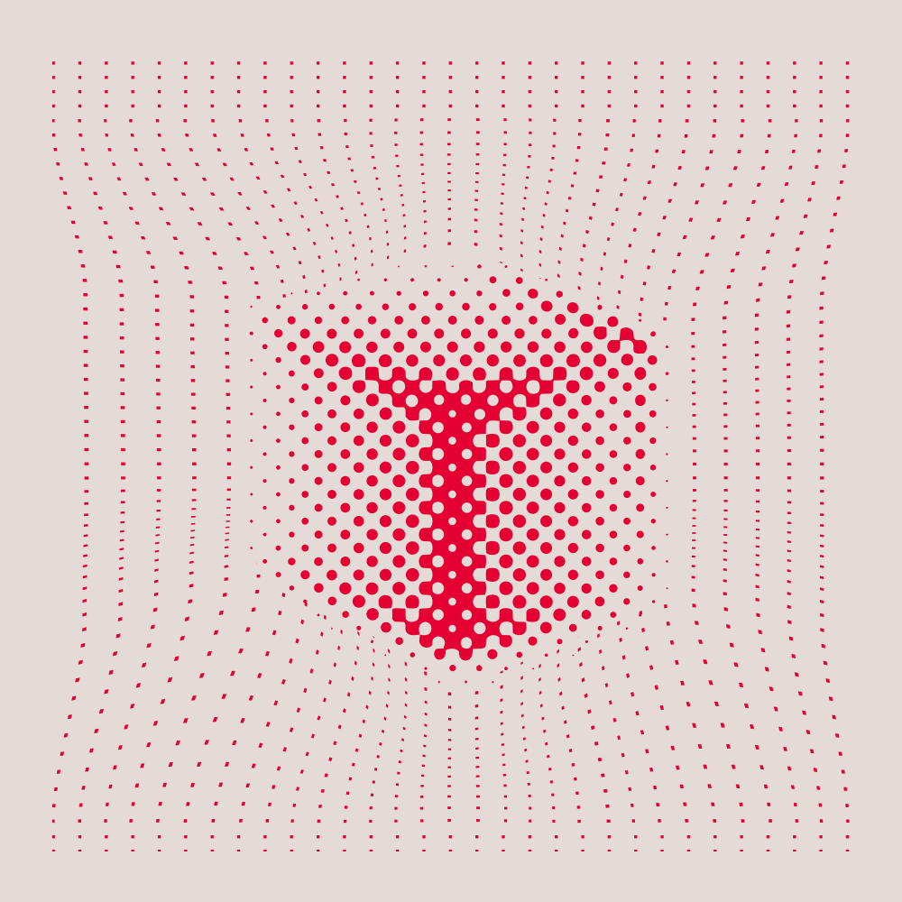 Un motif dynamique de points rouges s'organise en forme de "Y", créant une illusion de profondeur et de mouvement.