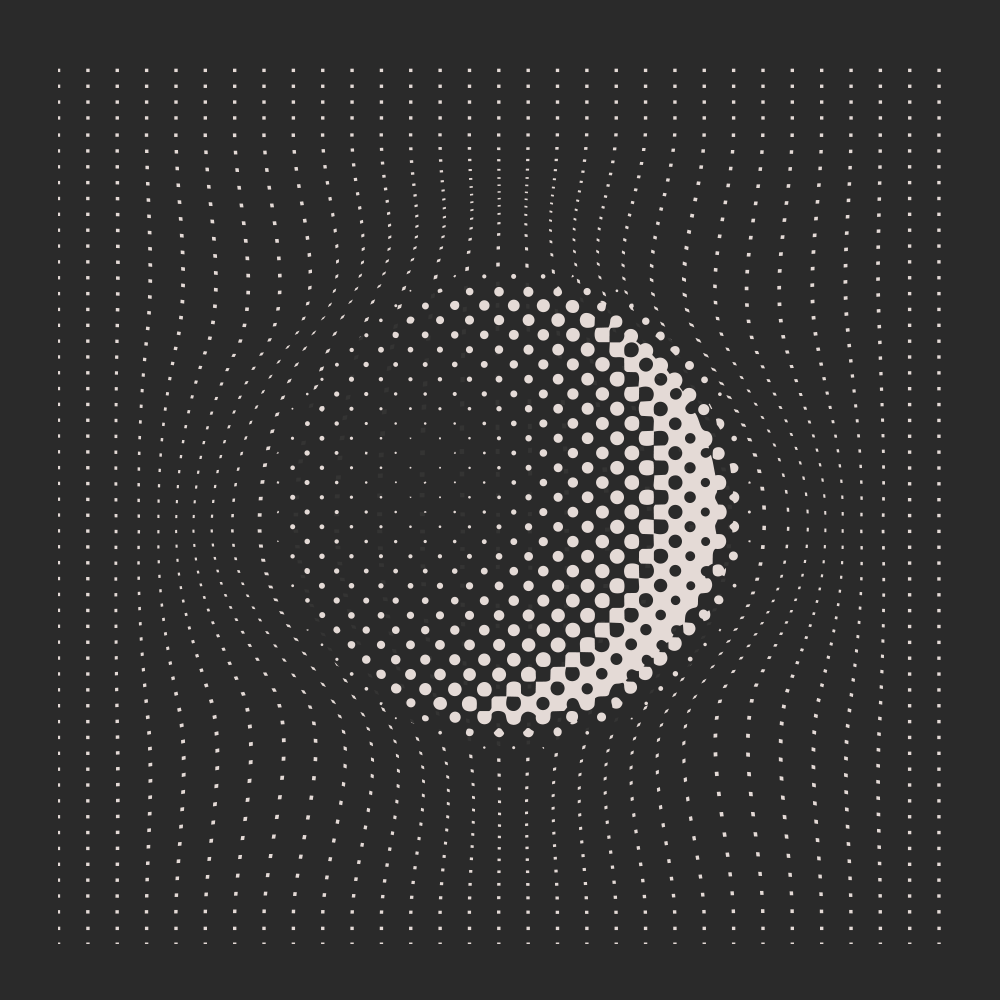 Formes géométriques en mouvement, évoquant une lune stylisée, créent une atmosphère hypnotique et moderne sur fond noir.