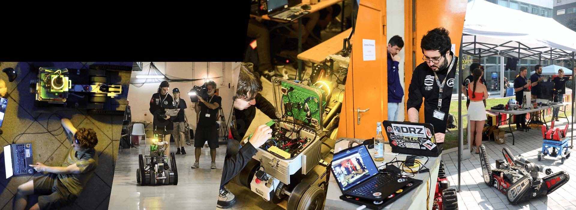 Students engage in robotics projects, showcasing their work and collaborating in a high-tech environment at a technology university event.