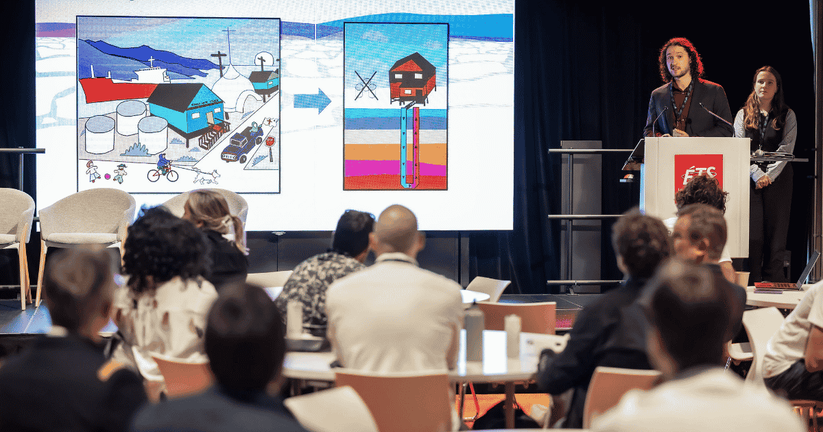 Présentation d'un projet technologique avec un graphique illustrant des solutions innovantes pour des enjeux contemporains.