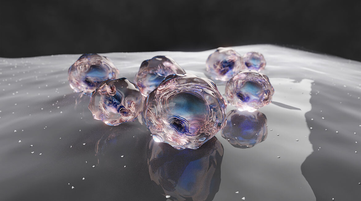 Molécules cristallisées flottant sur une surface réfléchissante, illustrant la nanotechnologie.