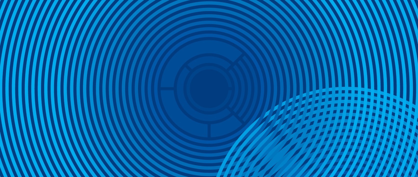 Motif bleu abstrait avec cercles concentriques et grille dynamique évoquant l'innovation.