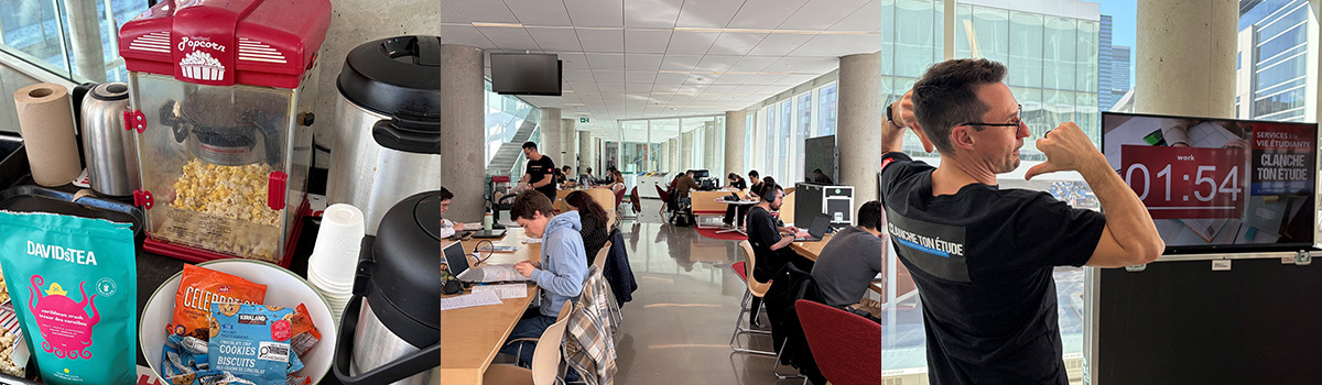 Espace convivial dédié à l'étude, avec rafraîchissements, équipements et un système de gestion du temps pour optimiser la productivité.