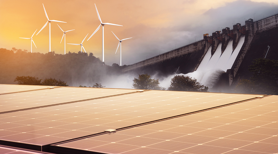 Énergies renouvelables: éolien, solaire et hydroélectricité.