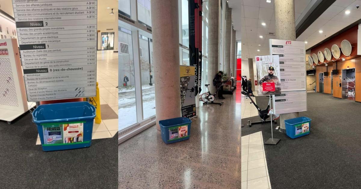 Espace universitaire accueillant avec des panneaux d'information, un point de collecte et des activités sportives à proximité.