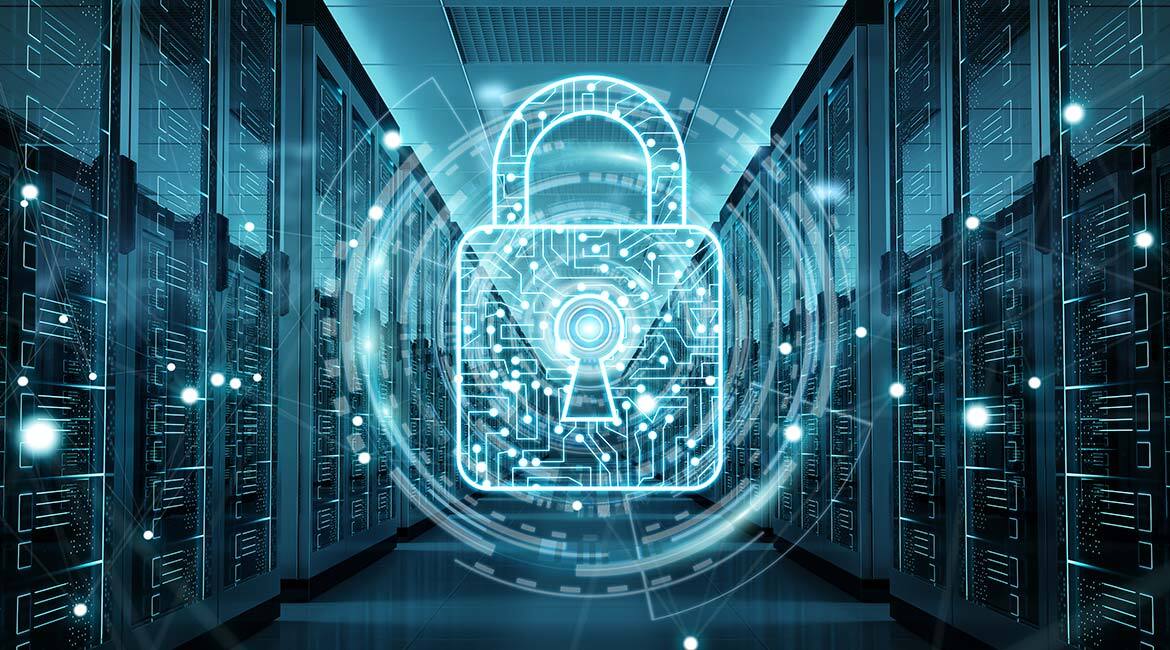 Centre de données sécurisé avec un cadenas numérique symbolisant la cybersécurité.