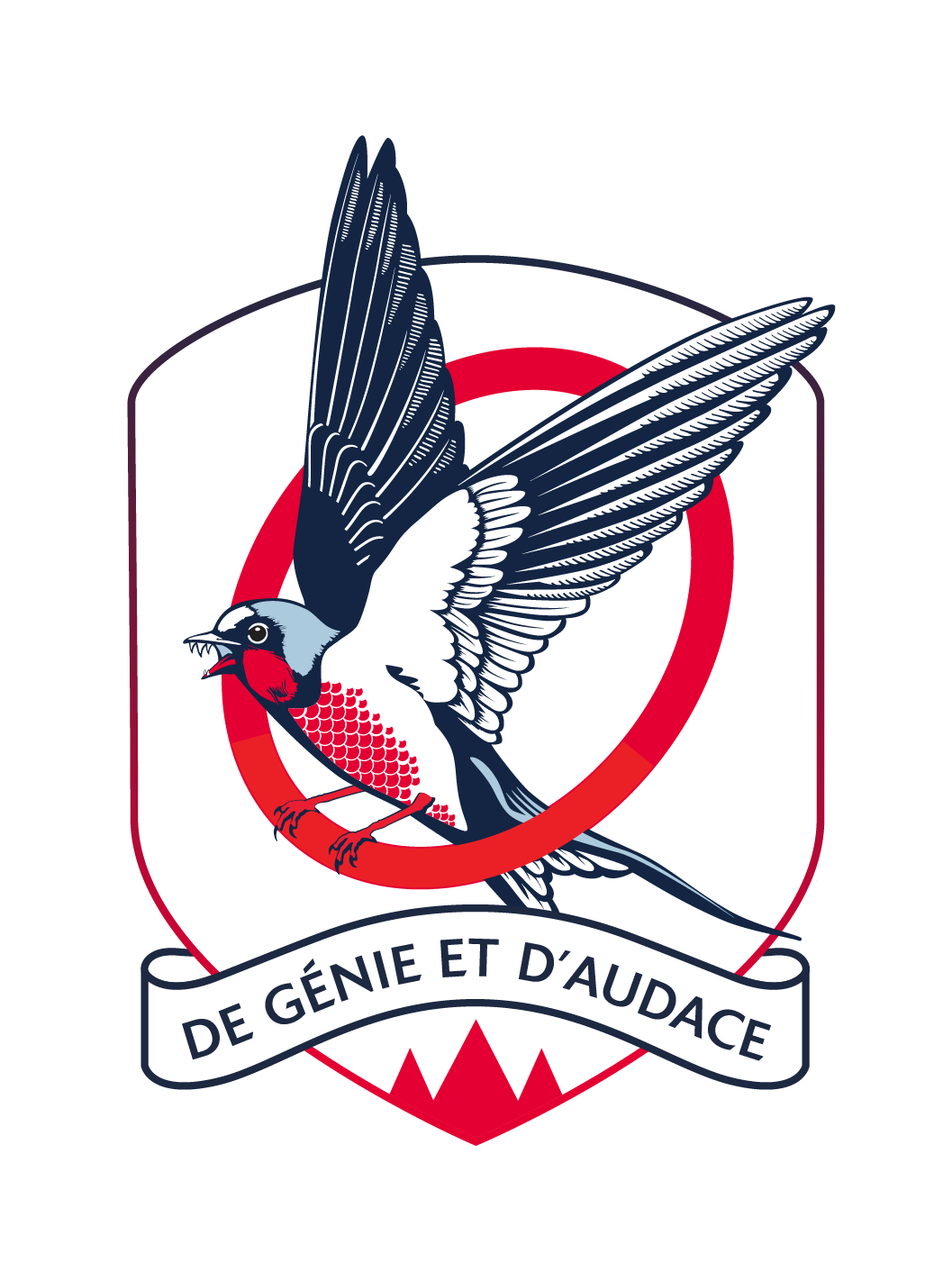 Blason dynamique représentant une hirondelle, symbolisant le génie et l'audace dans l'enseignement supérieur en technologie.